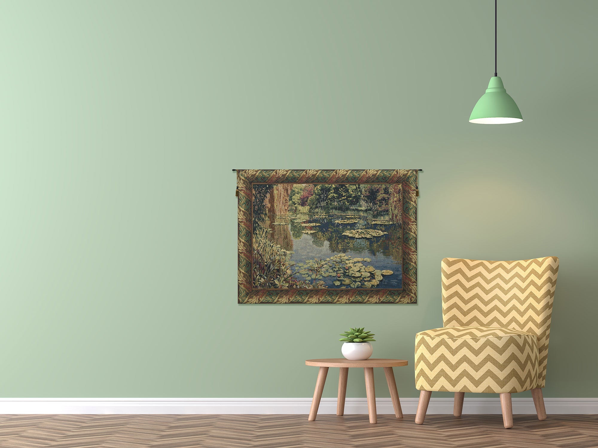 Lake Giverny With Classic Border Belgian Tapestry Wall Hanging by Claude Monet