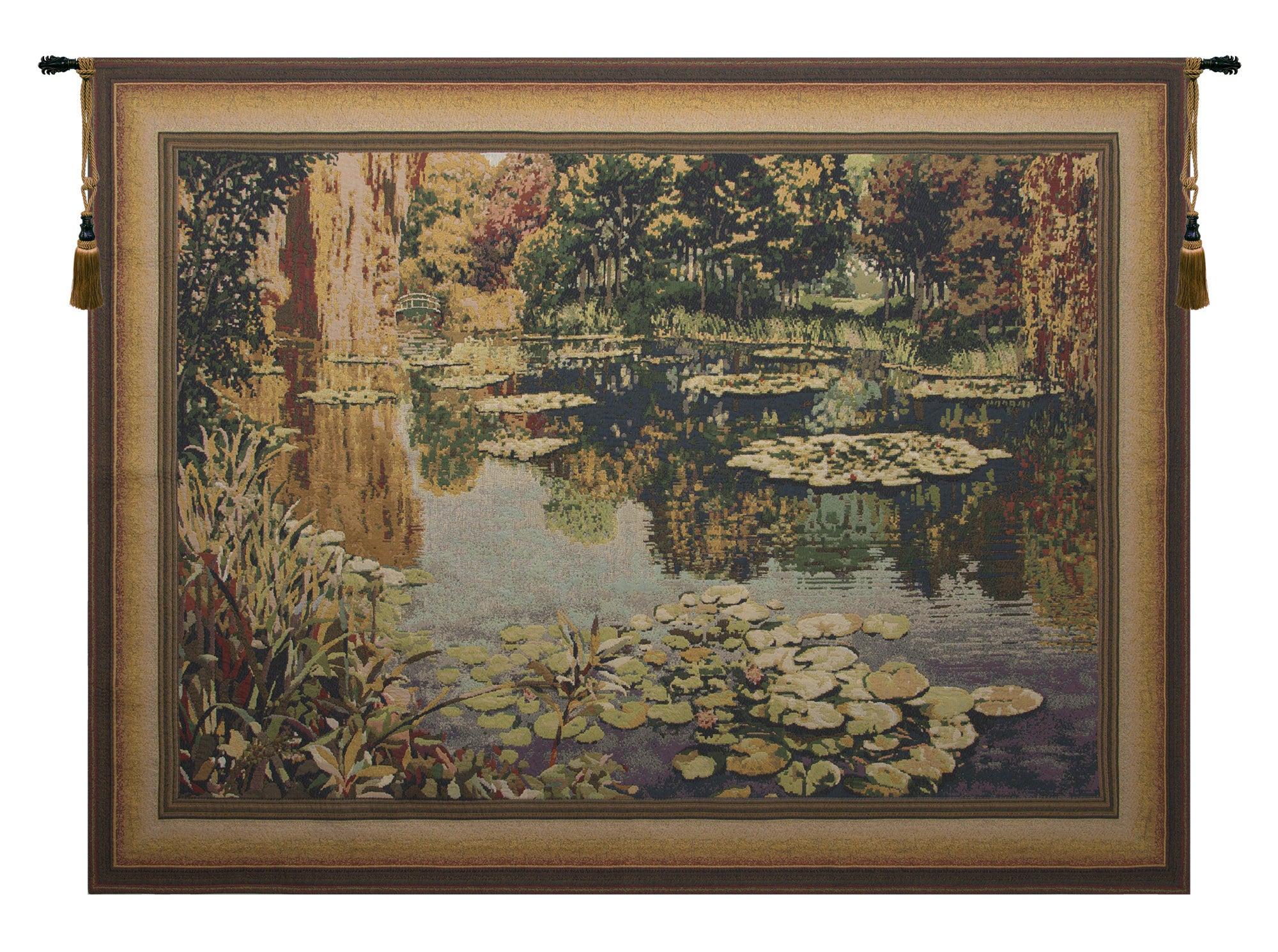 Lake Giverny Light With Border Belgian Tapestry Wall Hanging by Claude Monet