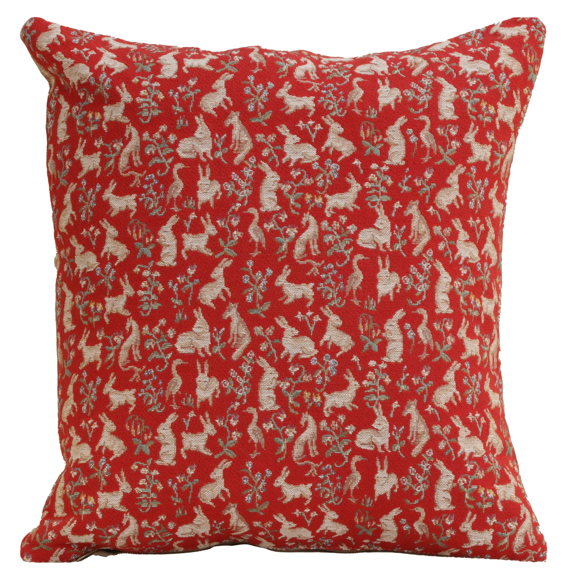 Mille Fleurs and Little Animals Red French Tapestry Cushion