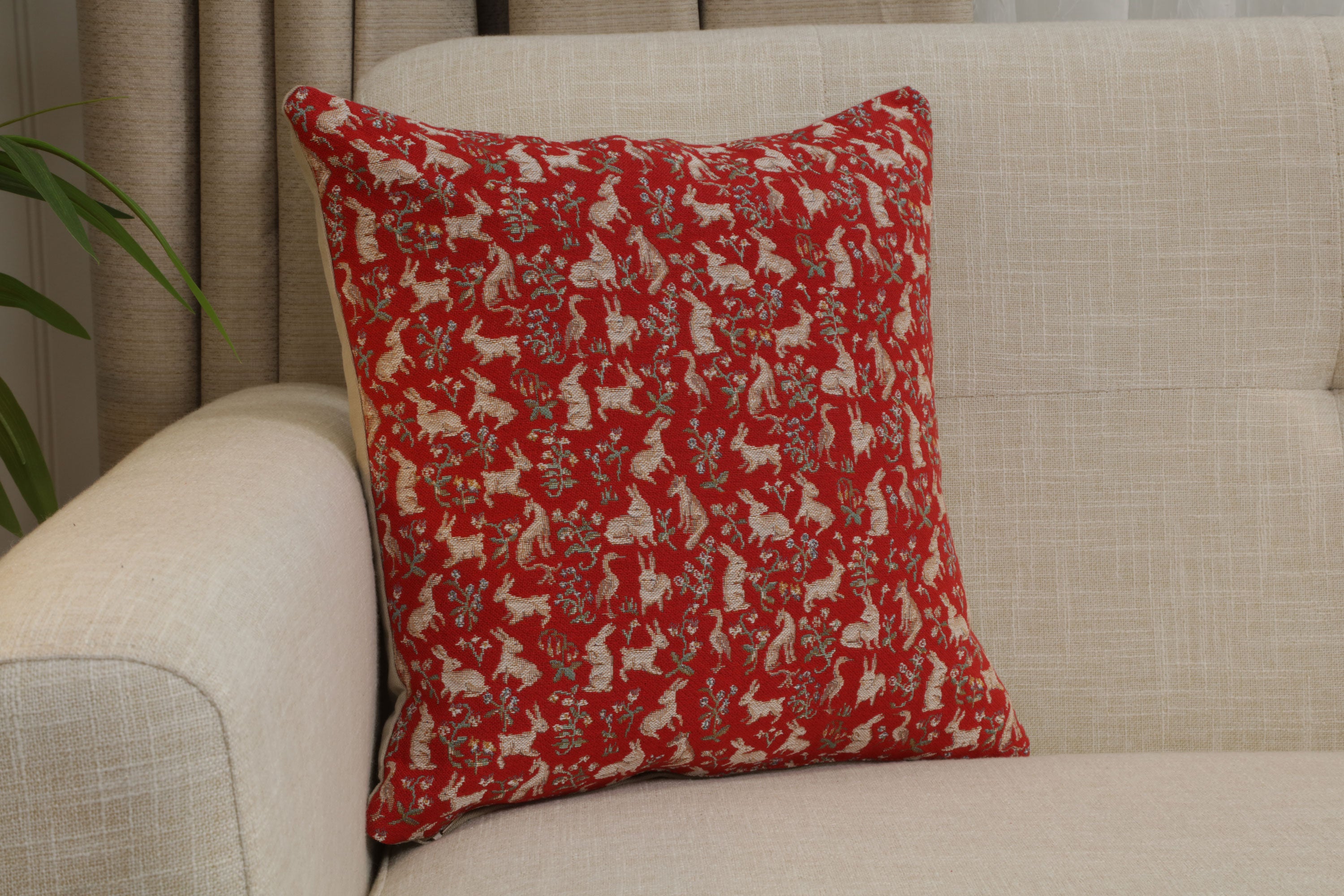 Mille Fleurs and Little Animals Red French Tapestry Cushion