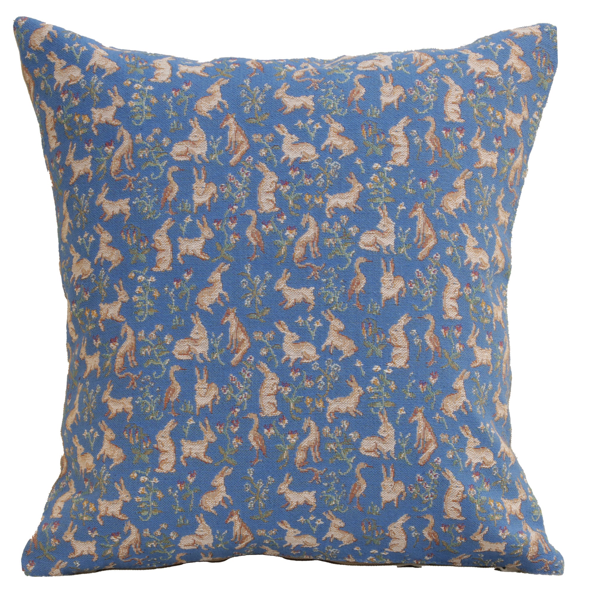 Mille Fleurs and Little Animals Blue French Tapestry Cushion