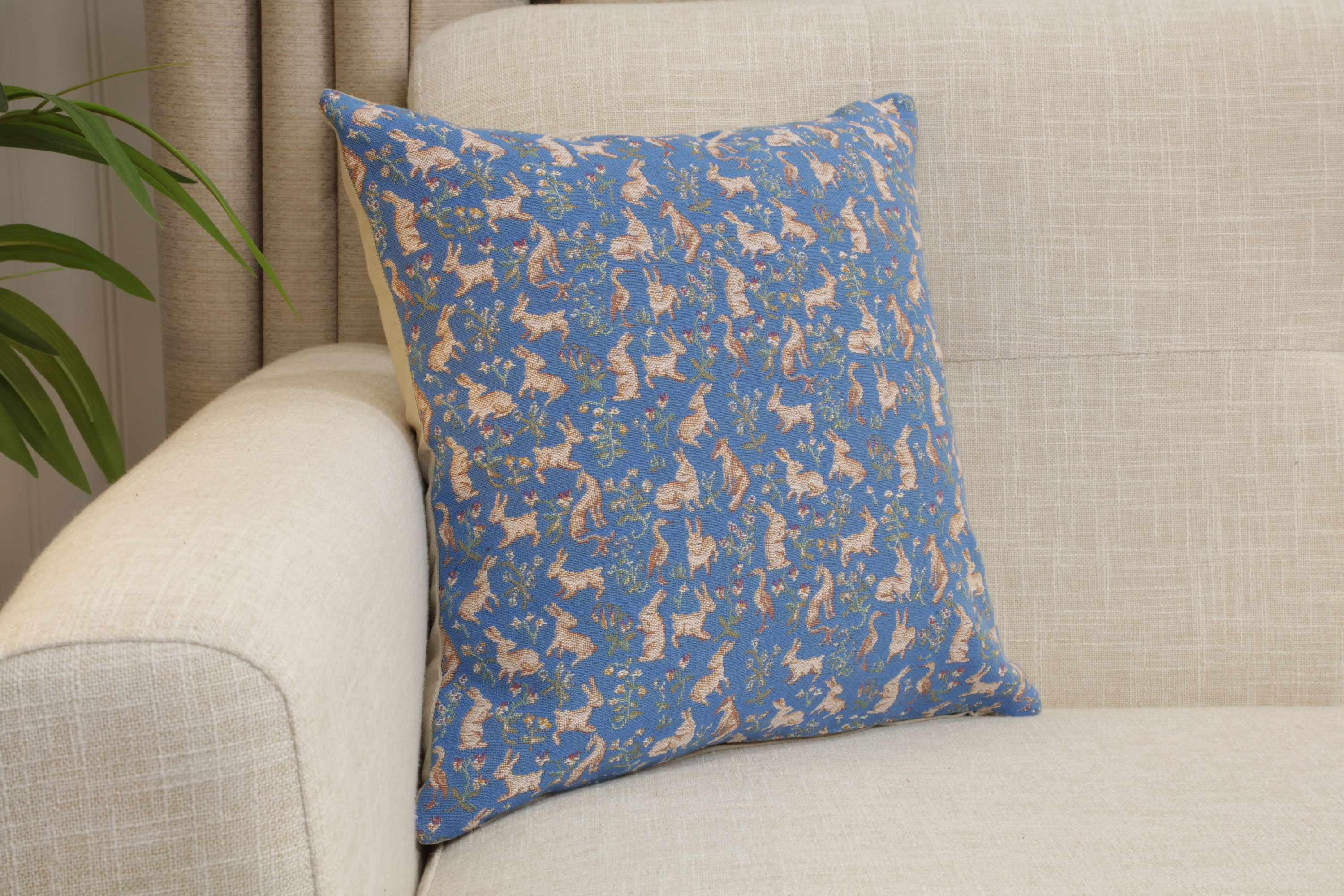 Mille Fleurs and Little Animals Blue French Tapestry Cushion