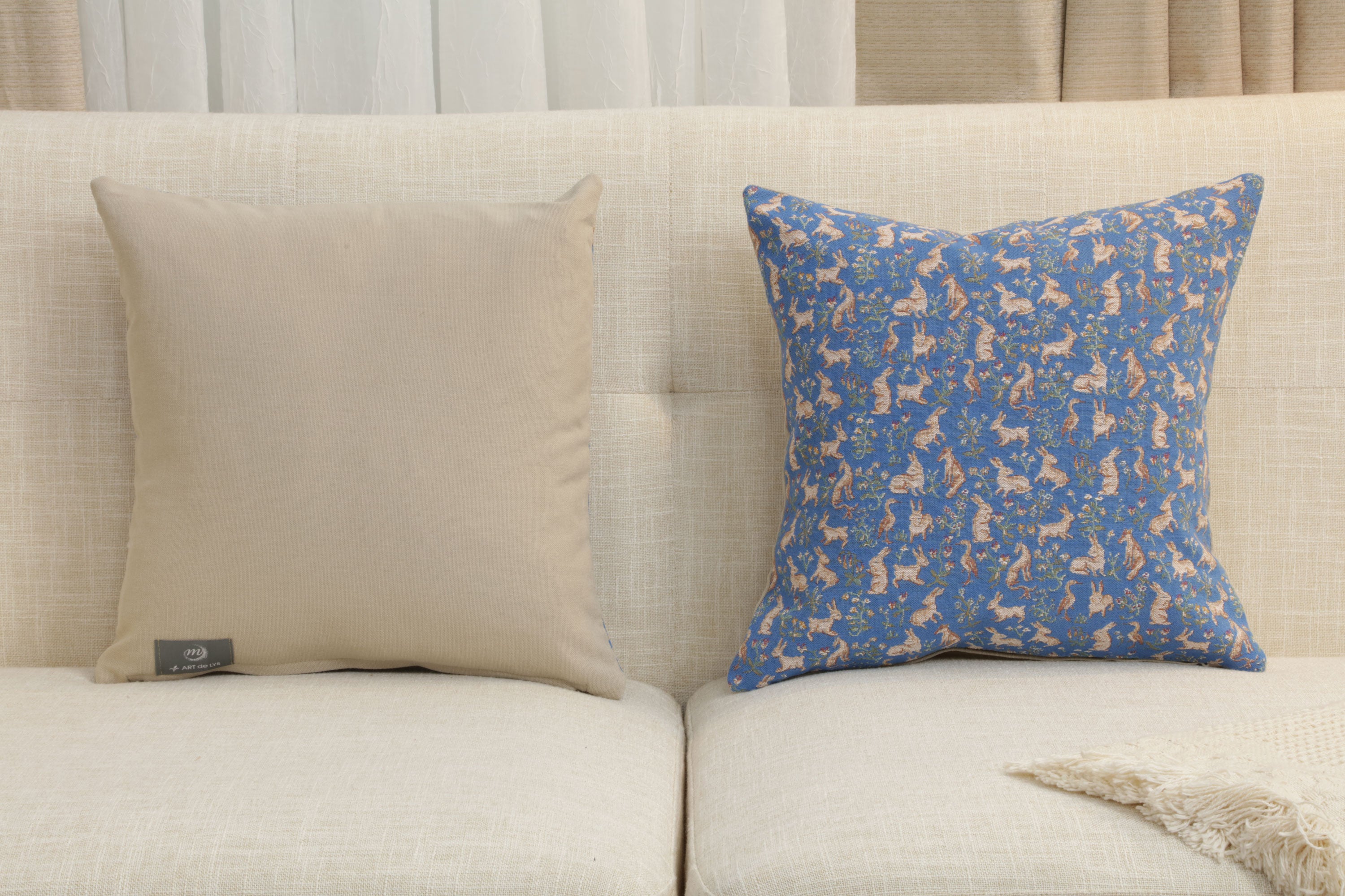 Mille Fleurs and Little Animals Blue French Tapestry Cushion