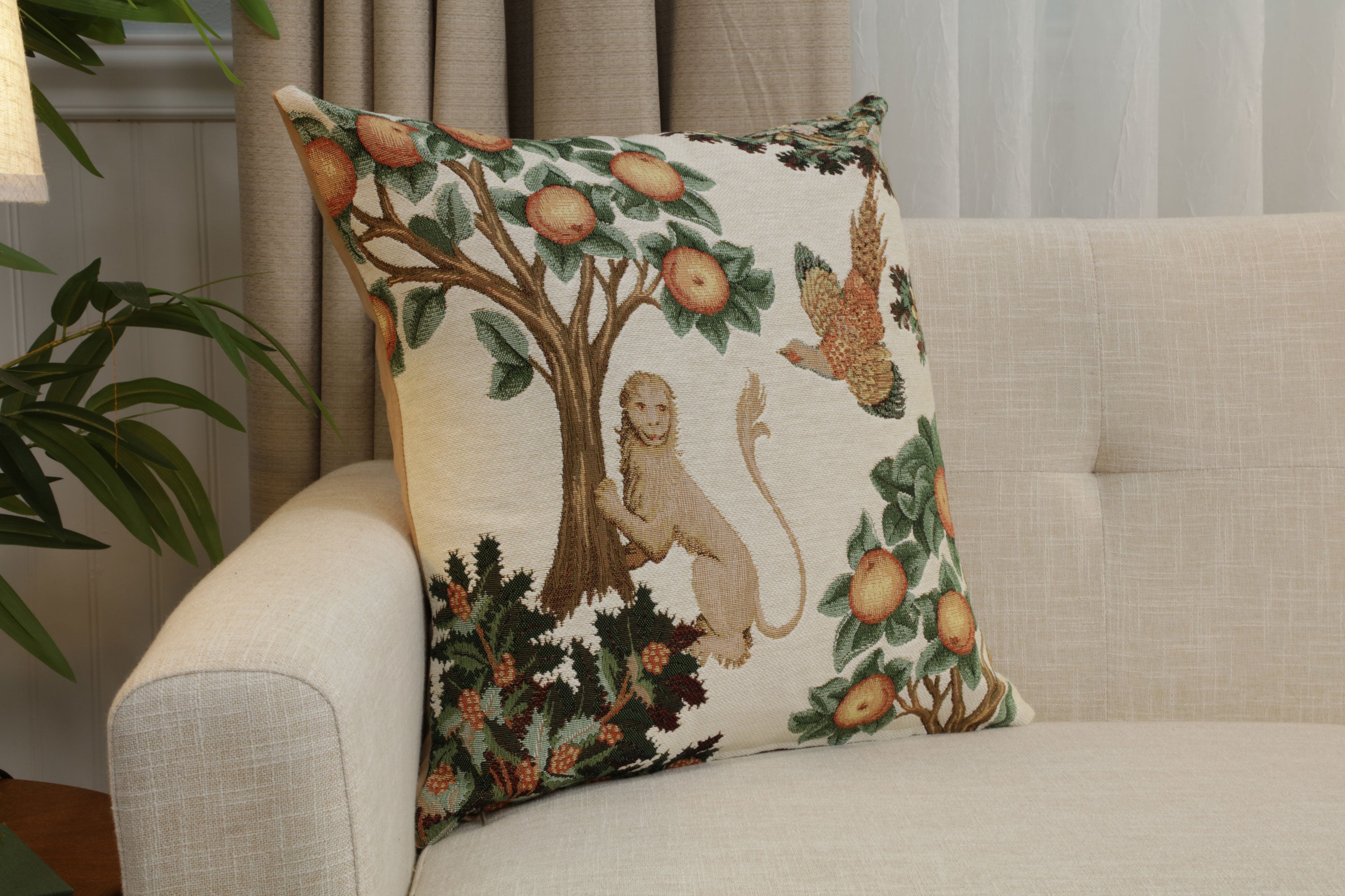 Lion and Pheasant Forest White French Tapestry Cushion