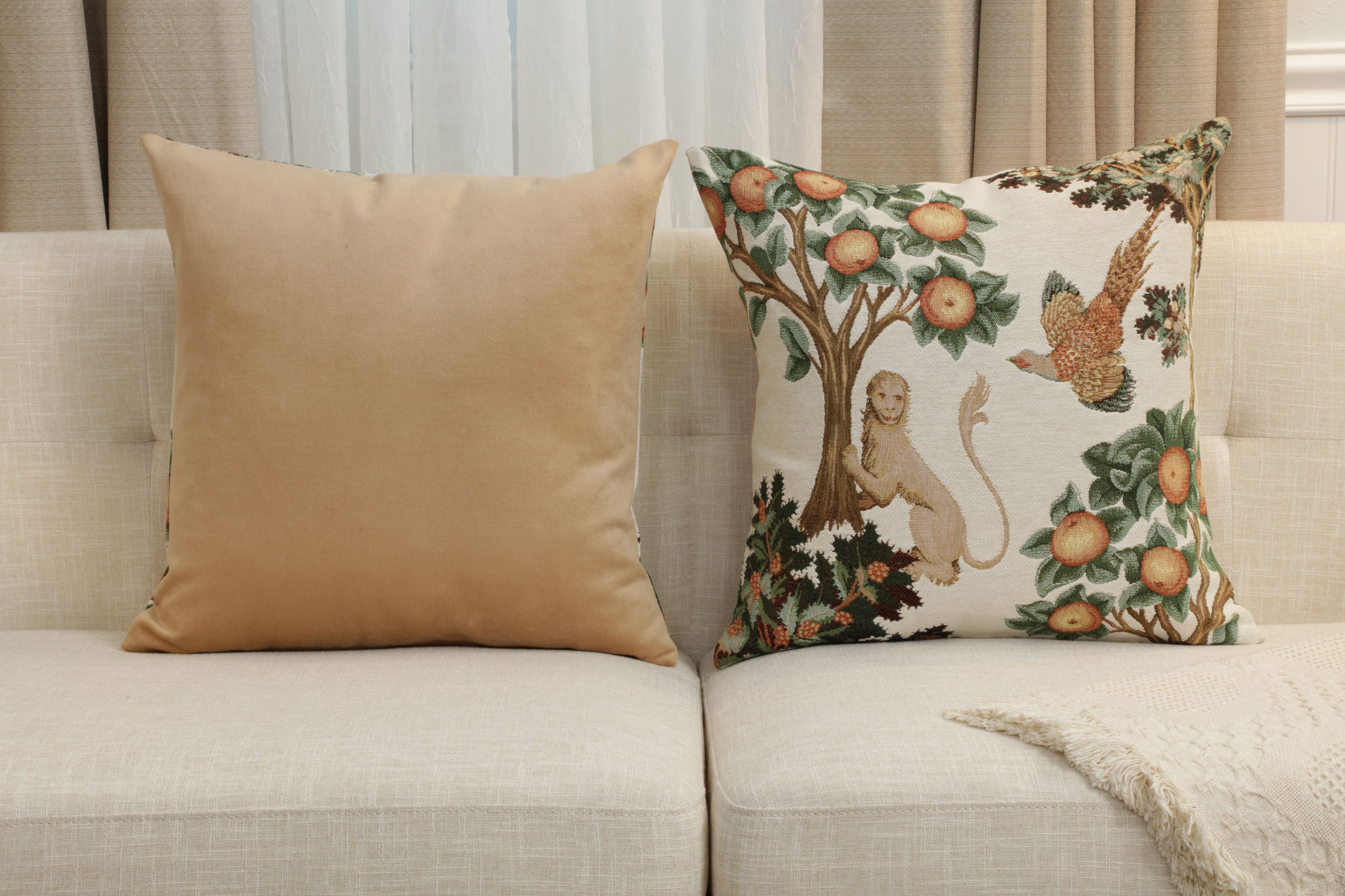 Lion and Pheasant Forest White French Tapestry Cushion