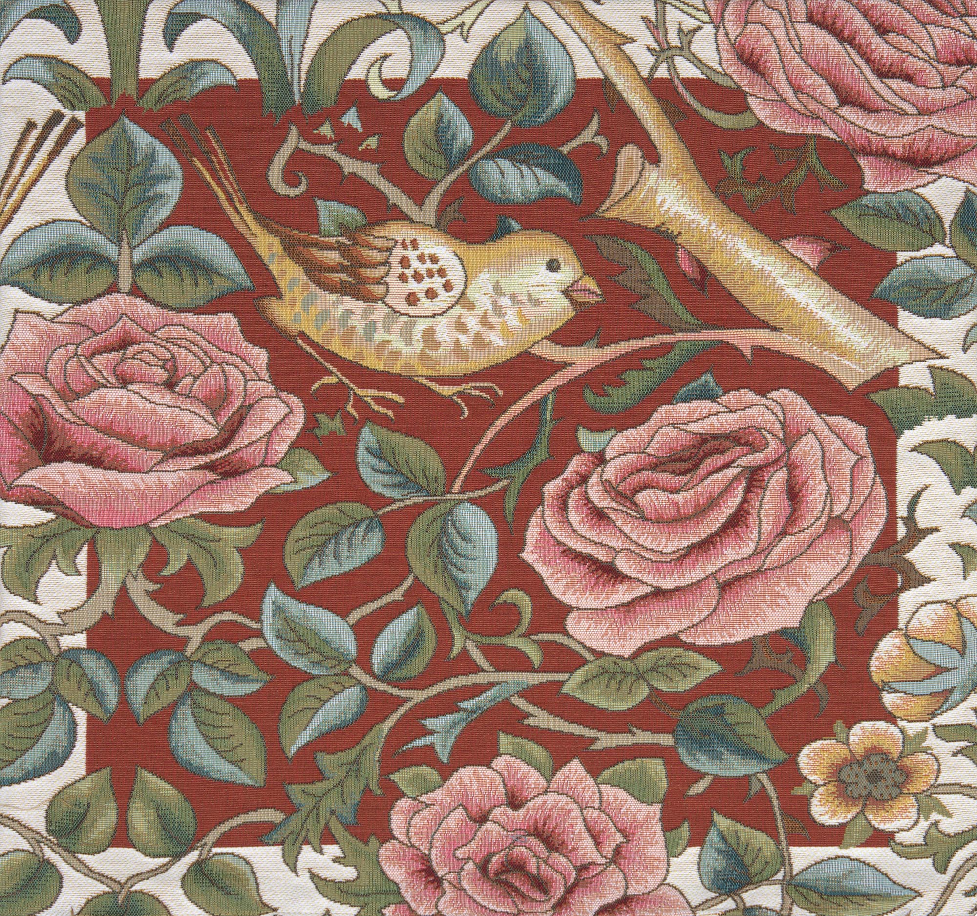 Zoom Bird and Roses Red French Tapestry Cushion by William Morris