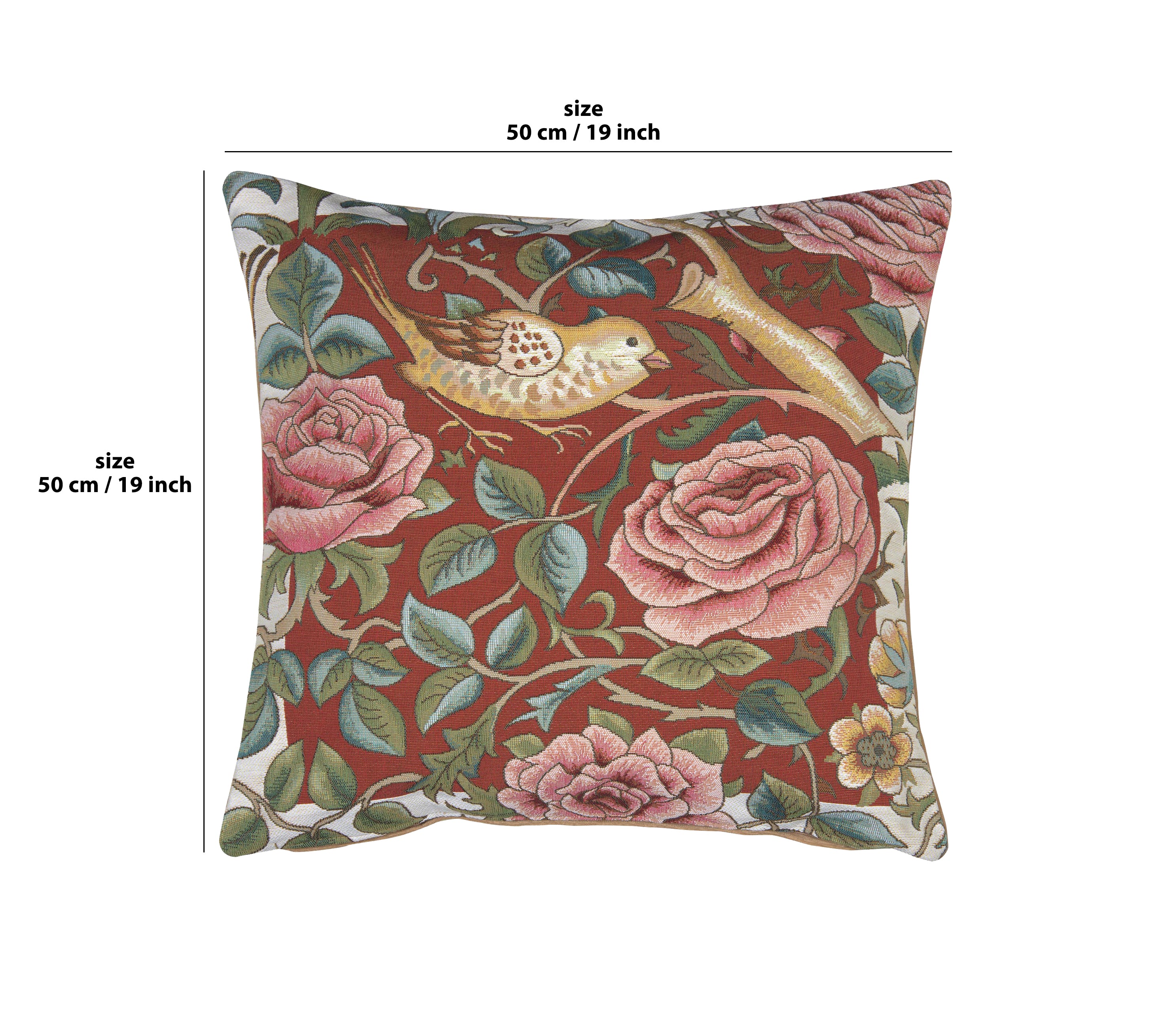 Zoom Bird and Roses Red French Tapestry Cushion by William Morris