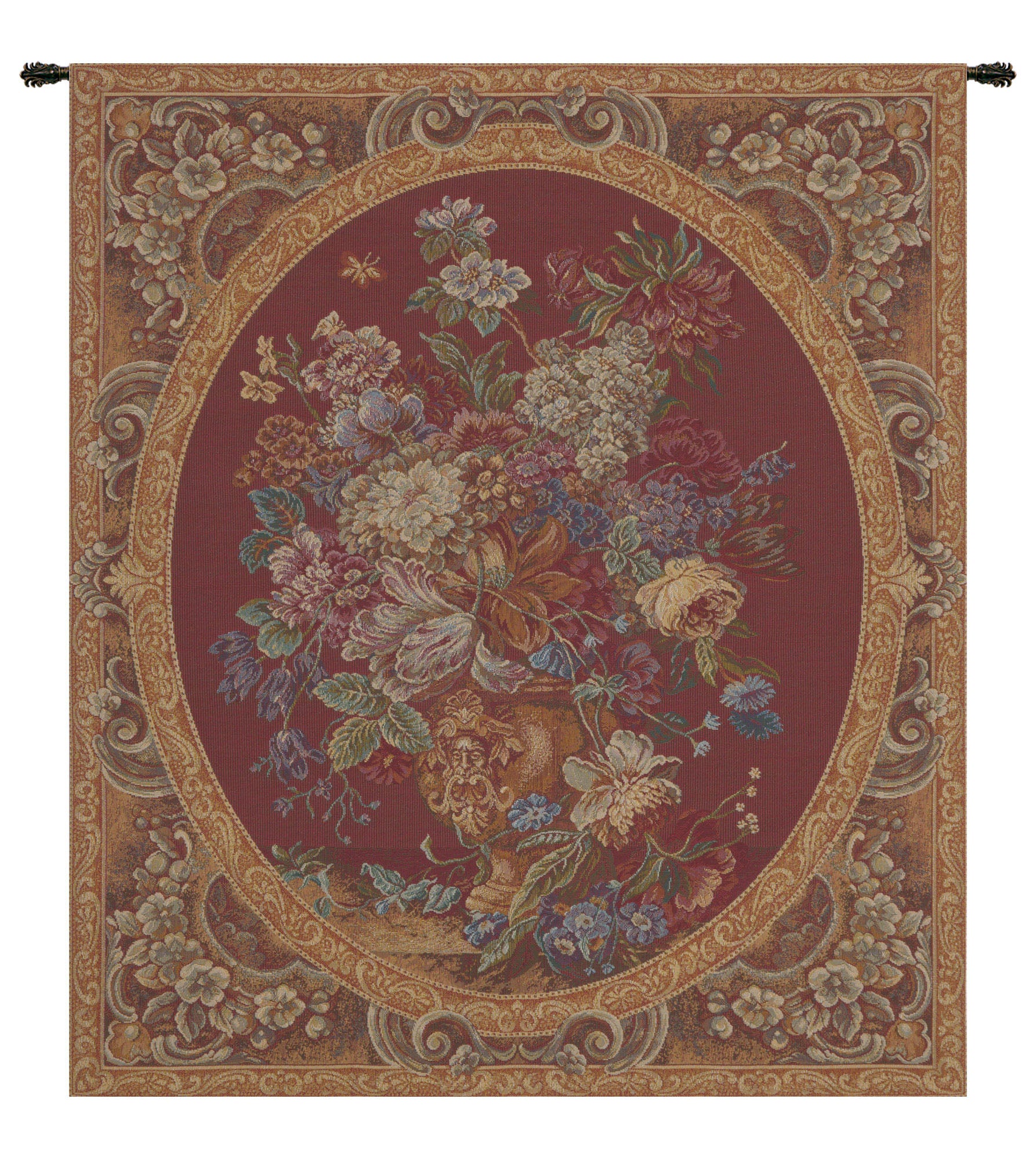 Floral Composition in Vase Burgundy Italian Tapestry Wall Hanging