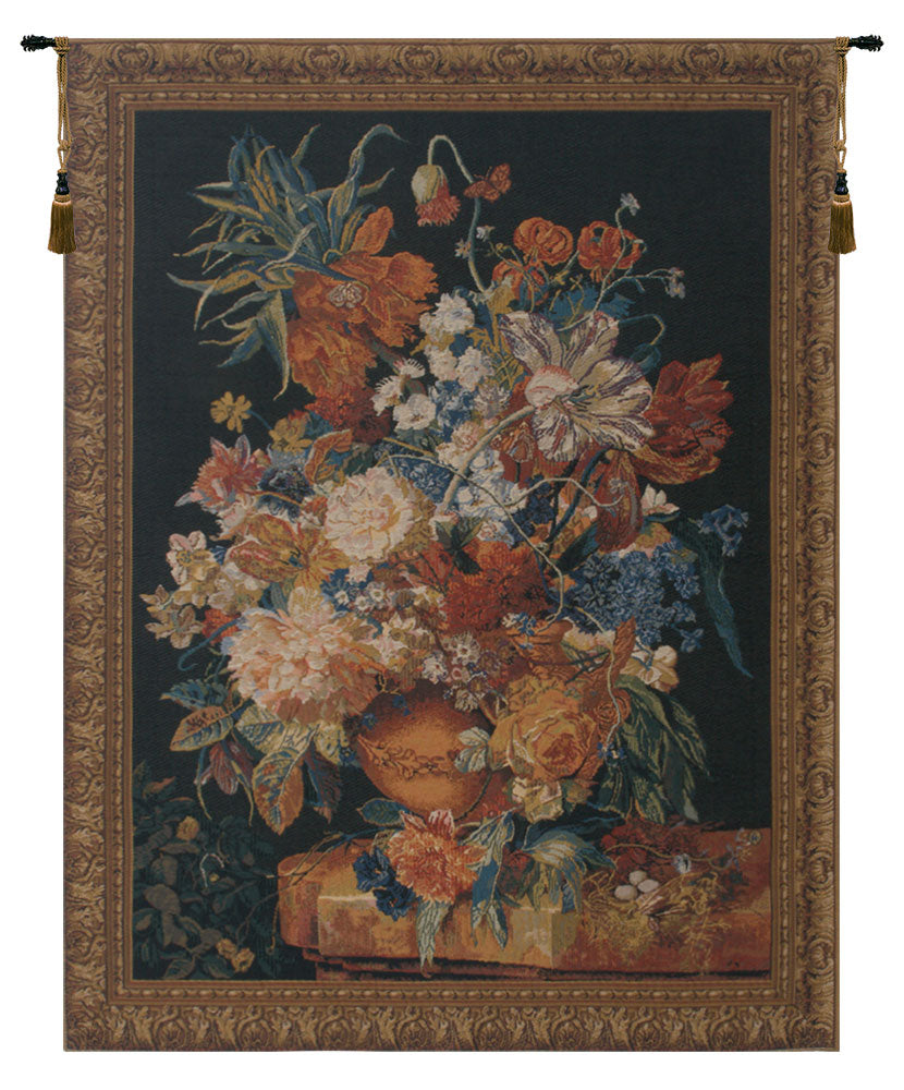 Terracotta Floral Bouquet Black Belgian Tapestry Wall Hanging by Jan Van Huysum