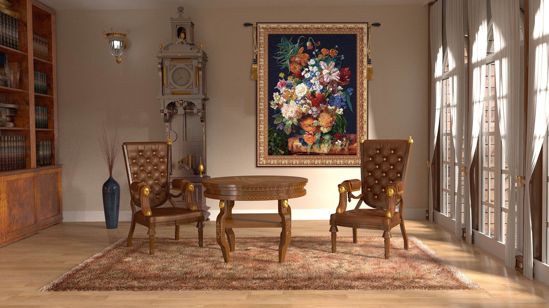 Terracotta Floral Bouquet Black Belgian Tapestry Wall Hanging by Jan Van Huysum