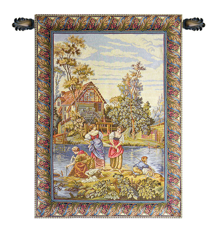 Washing by the Lake Vertical Italian Tapestry Wall Hanging