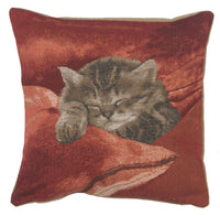 Sleeping Cat Red II French Tapestry Cushion