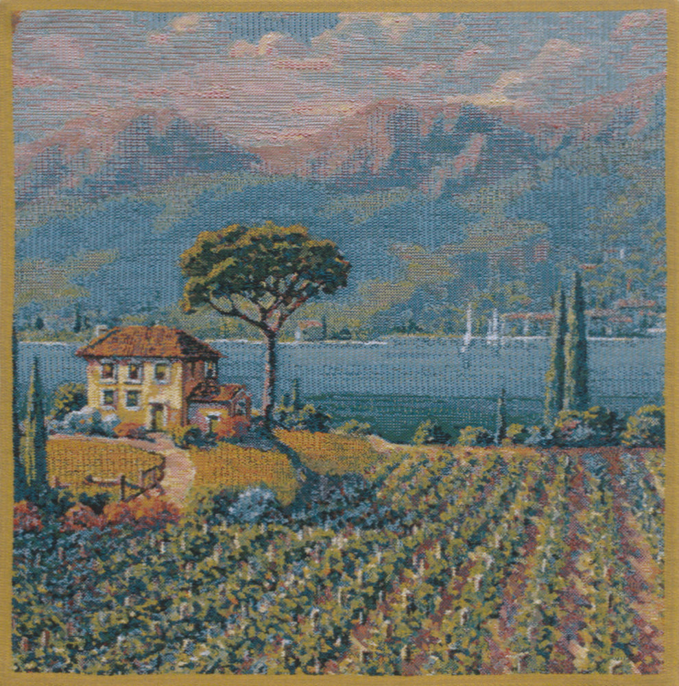 Lakeside Vineyard Left Belgian Tapestry Cushion by Robert Pejman