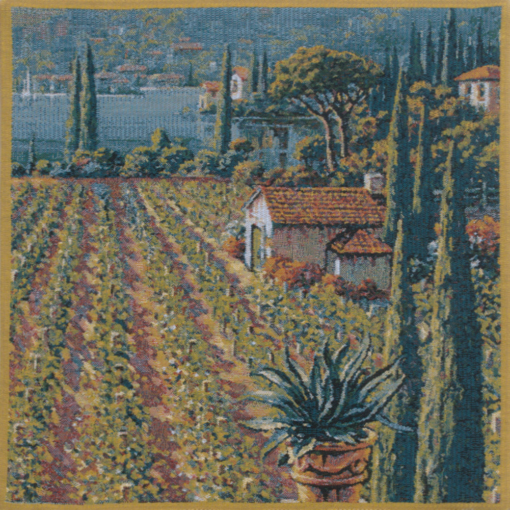 Lakeside Vineyard Right Belgian Tapestry Cushion by Robert Pejman